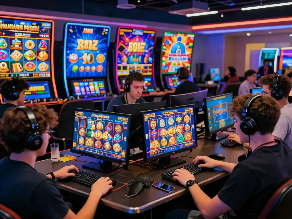 Diverse gamers excitedly playing at lumbung88 online slots with vibrant graphics and bonuses.