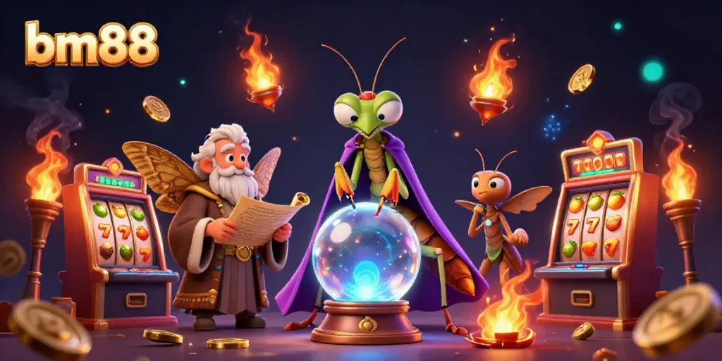 Experience the excitement of bm88 with a vibrant 3D scene of a fortune teller and dynamic slot machines.