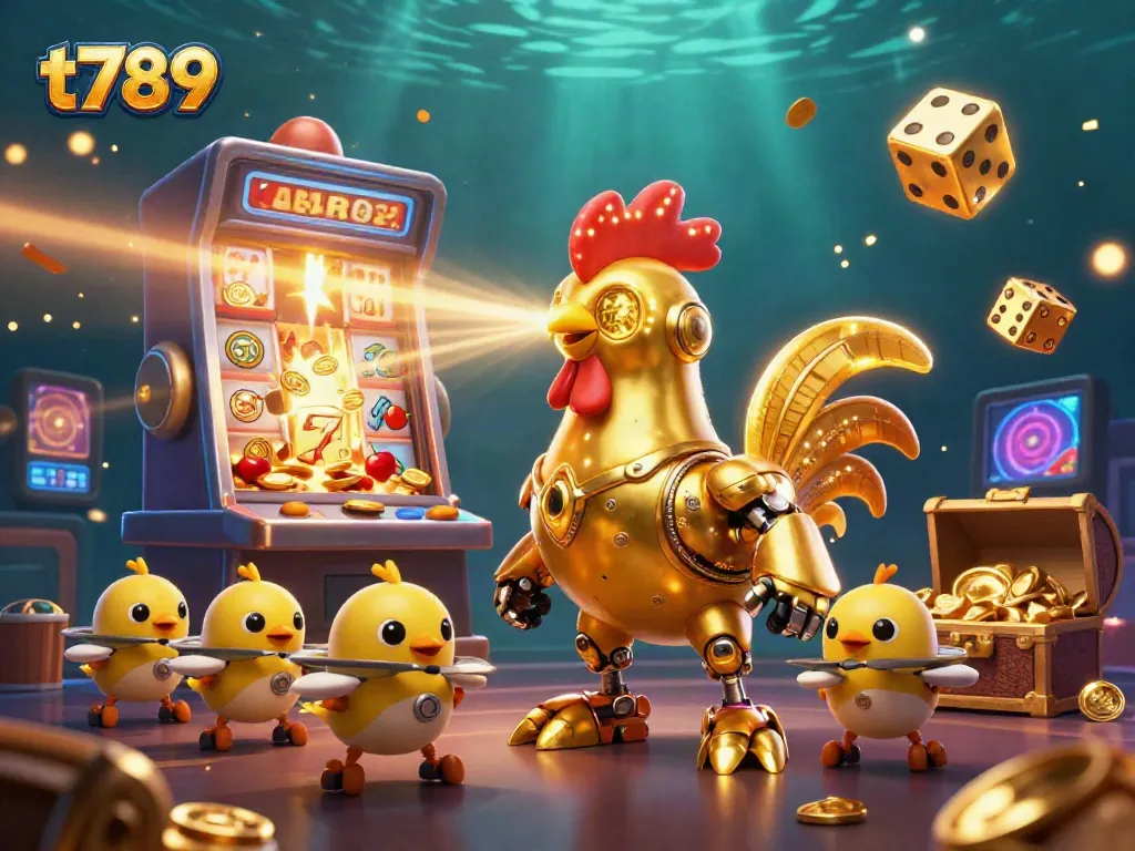 Experience the excitement of t789's casino world with a golden rooster robot and vibrant game elements.