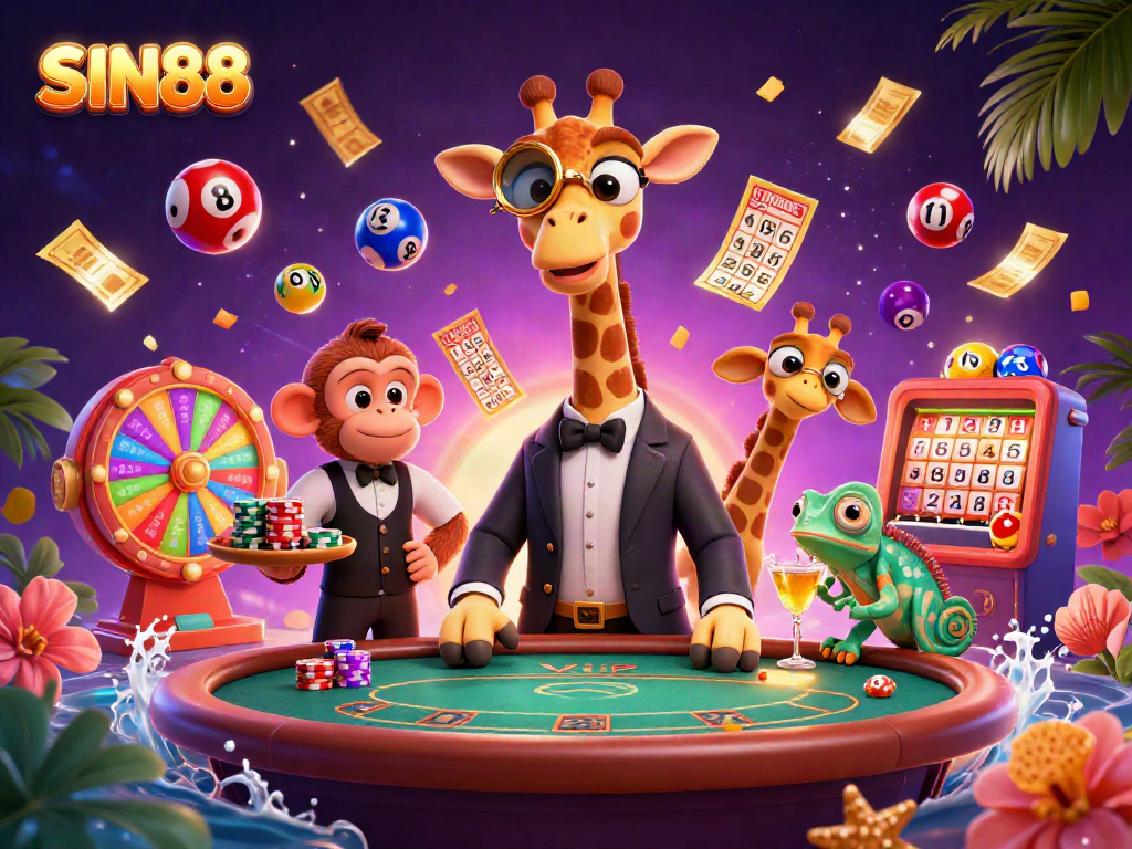 SIN88 showcases a vibrant casino scene with a giraffe, monkey, and chameleon amid dynamic game elements.
