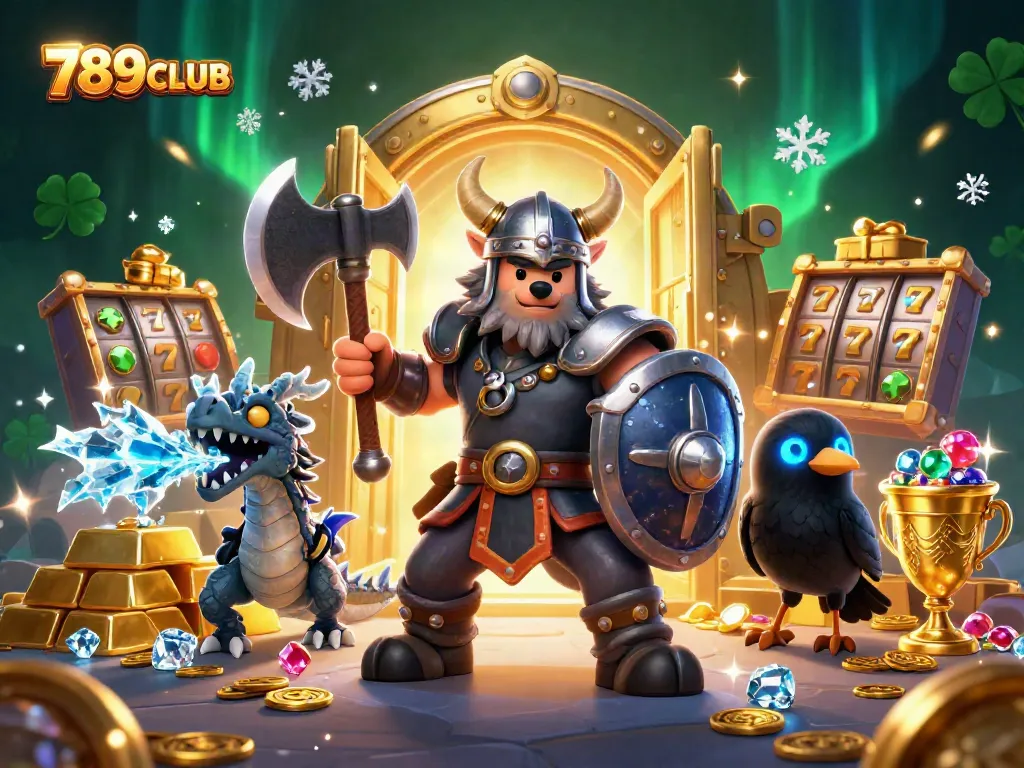 Engage with 789CLUB through an exciting 3D casino illustration featuring mythical characters and gaming elements.