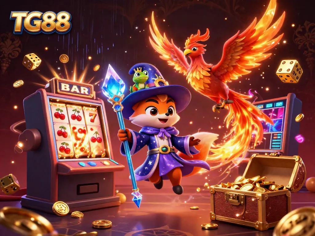 Experience the excitement of TG88 with a magical casino scene featuring a wizard fox, phoenix, and glowing slot machine.