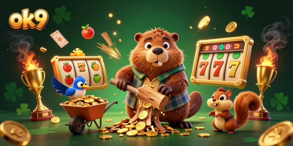 Win at ok9 with a vibrant casino scene featuring a lumberjack beaver, coins, and slot reels.