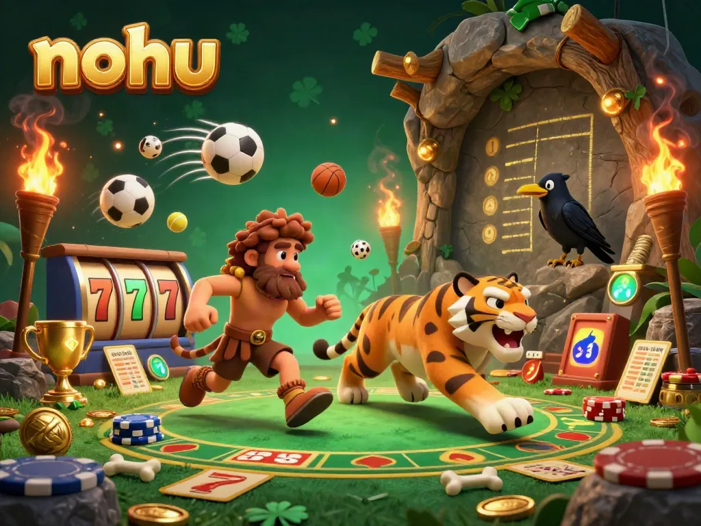 Nohu brings excitement with a captivating prehistoric casino scene filled with dynamic game elements and a unique trio of characters.