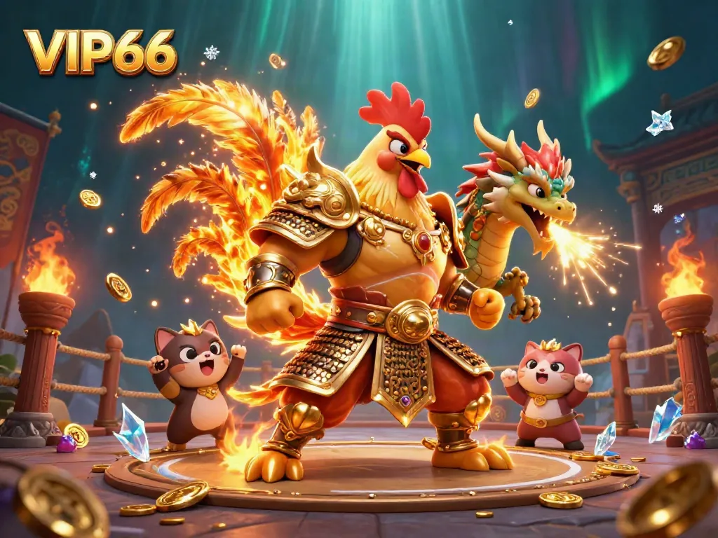 Experience the thrill of VIP66 with intense gambling action featuring a rooster warrior and dragon, set in a vibrant arena.