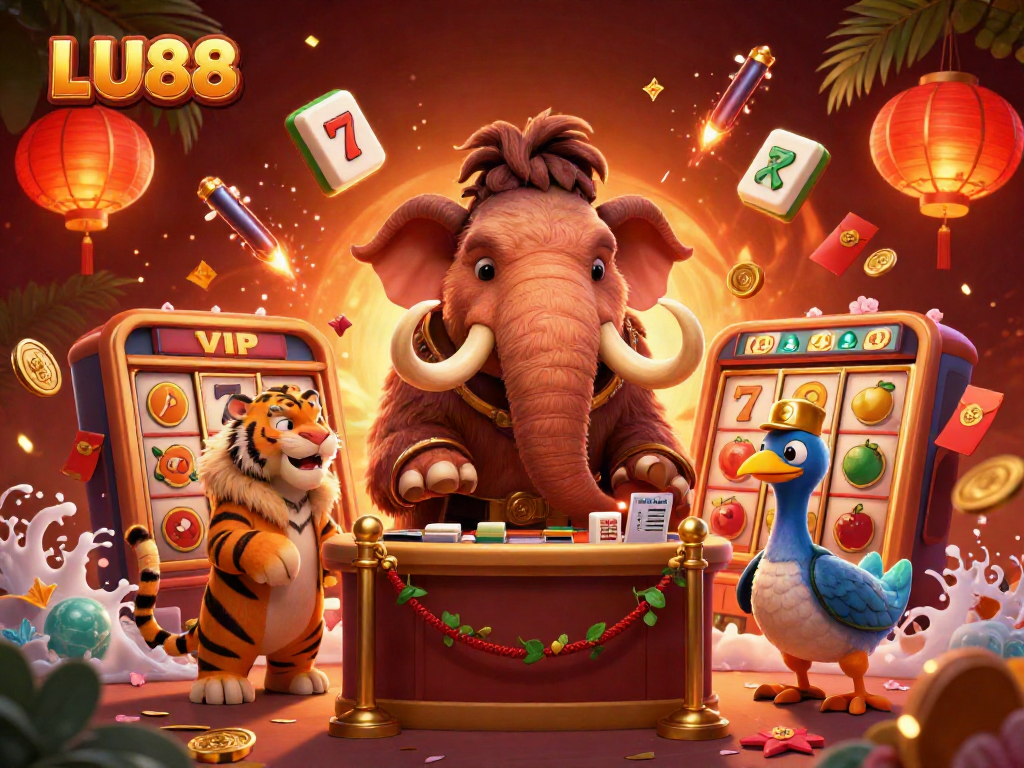 LU88 showcases vivid 3D casino illustration with a mammoth bouncer, tiger guest, and dodo doorman.