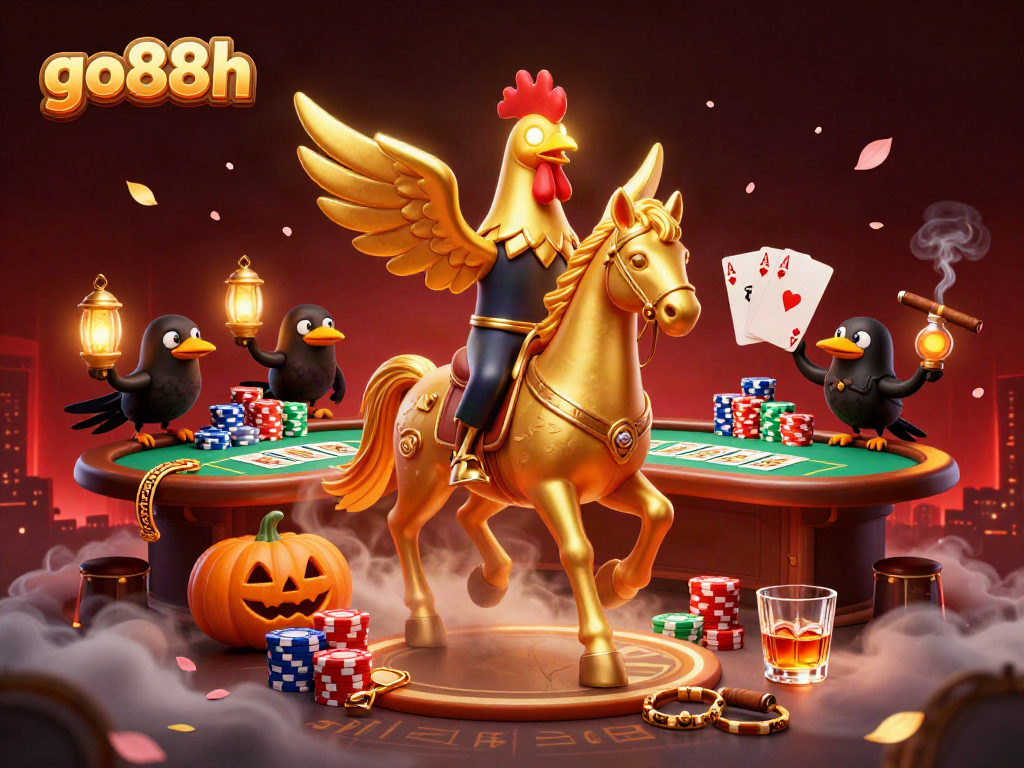 Engage with go88h in a vibrant casino scene featuring golden rooster, poker elements, and mystical effects.