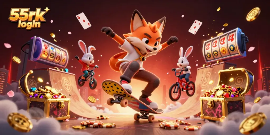 Engage with the vibrant world of 55rk login featuring a fox and rabbit performing tricks amidst floating playing cards and golden poker chips.