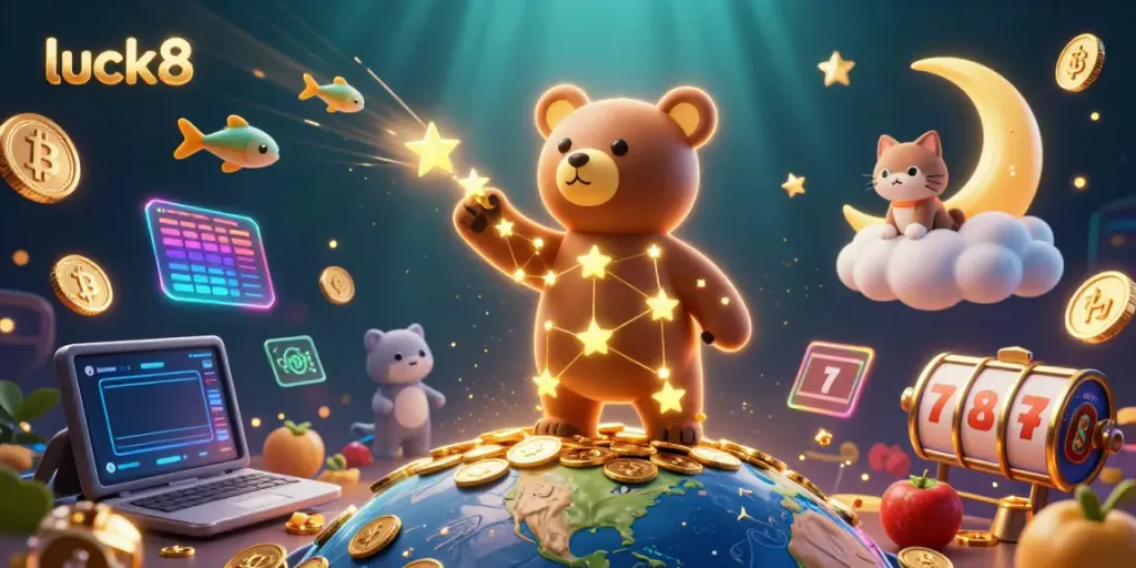 Engage in luck8 casino adventures with a vibrant cosmic scene featuring a constellation bear and treasure coins.