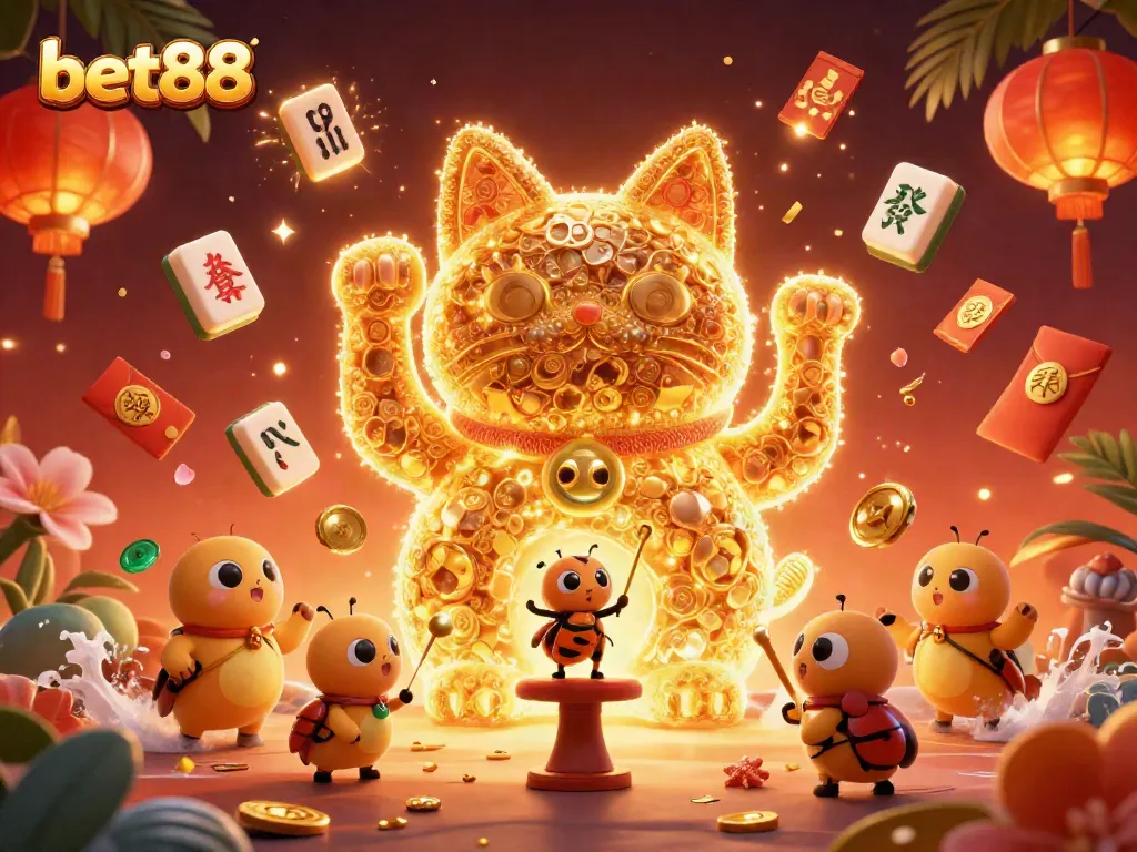 Experience the thrill of bet88 with captivating visuals of a lucky cat and casino symbols.