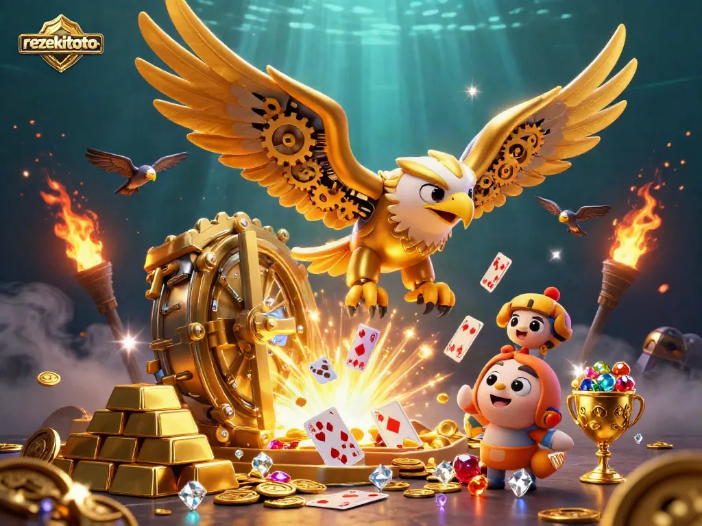 Experience the thrill of rezekitoto as a cybernetic eagle dives through holographic cards amidst a treasure vault.