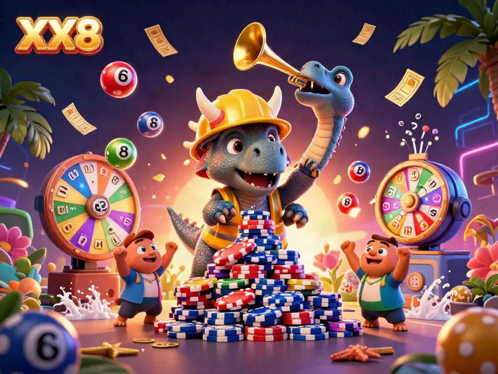 Experience the excitement of winning at XX8 with vibrant casino elements and animated celebration.