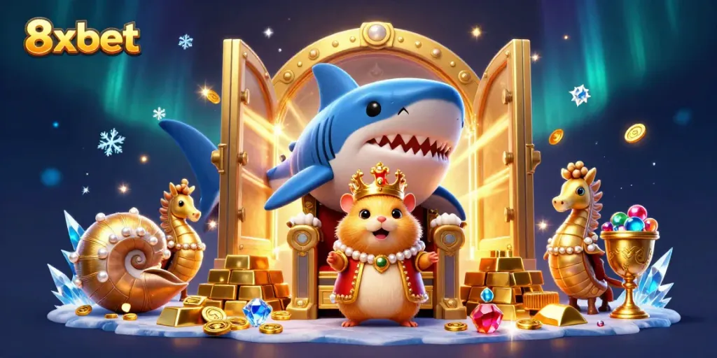 Discover exciting casino experiences with 8xbet's vibrant digital illustration featuring royal figures and treasure.