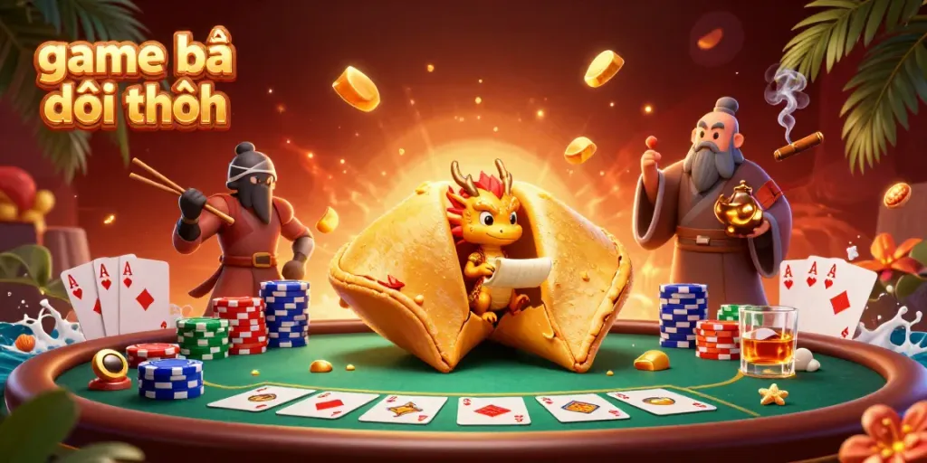 Engage in game bài đổi thưởng with a dynamic scene featuring a golden fortune cookie and poker elements.