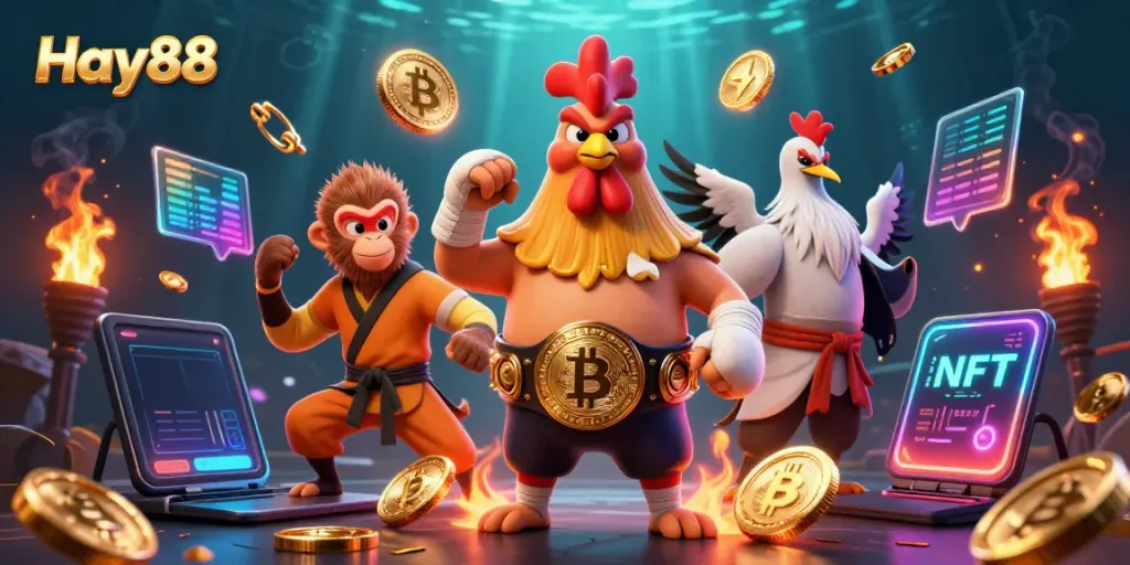 Experience thrilling gaming at Hay88 with our vibrant cartoon characters and crypto elements in a dazzling underwater setting.