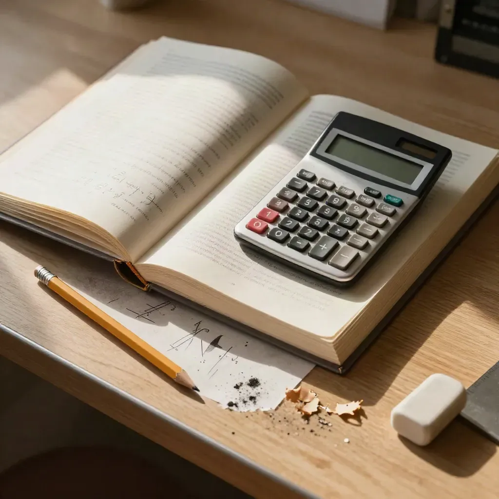 Zeszyt z matematyki, kalkulator i ołówek w słońcu na jasnym biurku.