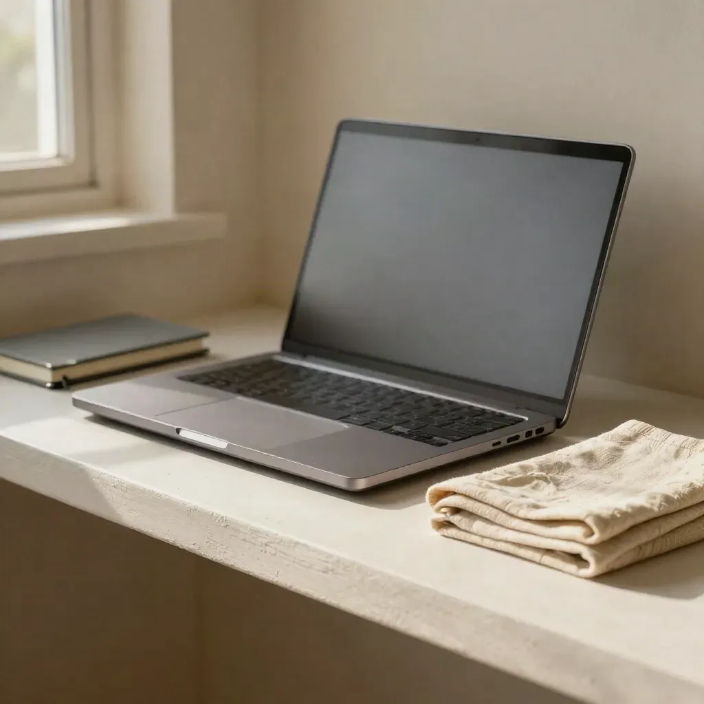 Zamknięty laptop, notes, długopis i złożona tkanina na gipsowej półce w miękkim świetle.