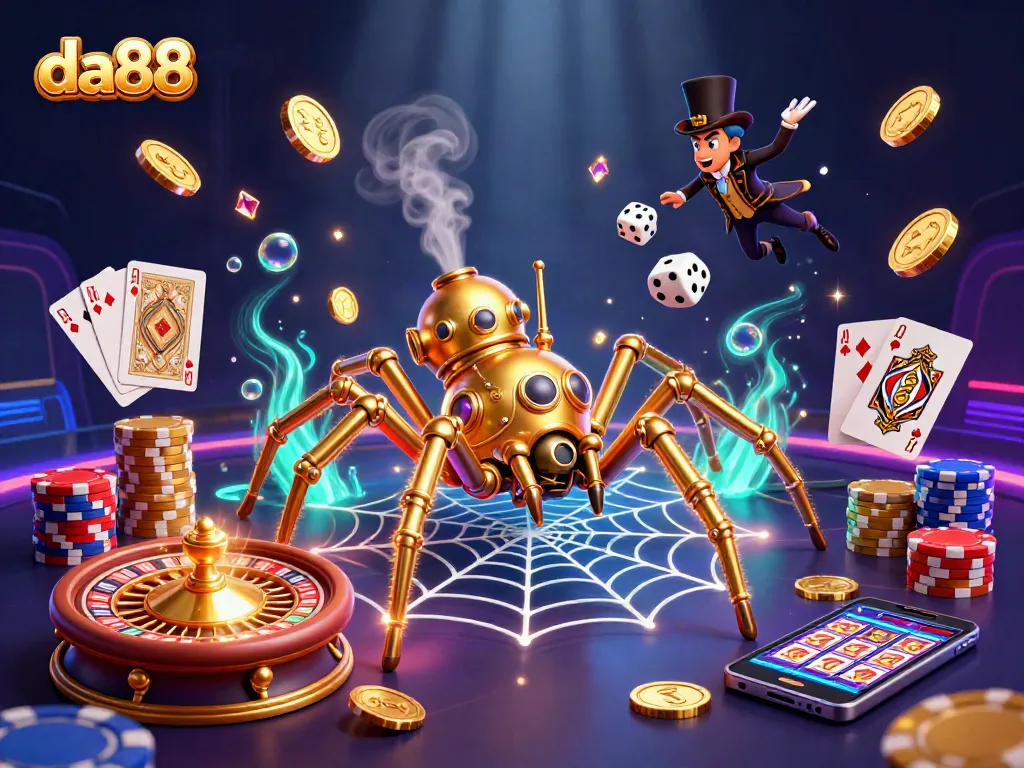 Engage with da88's vibrant 3D casino scene featuring golden spider and poker elements.