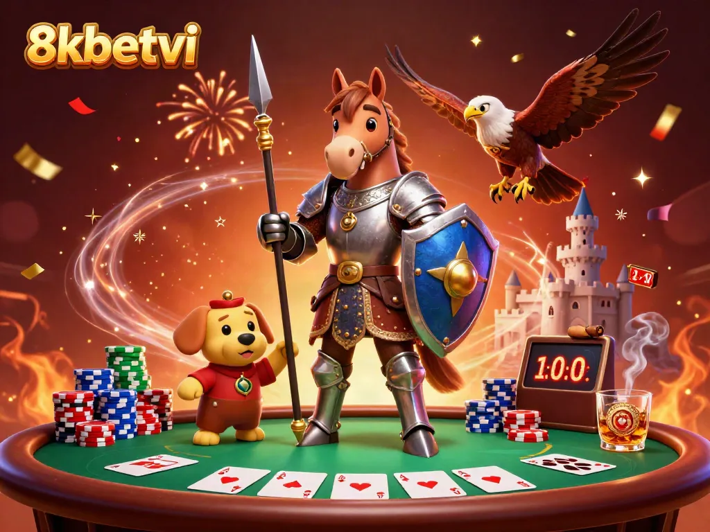 Engage in thrilling poker excitement at 8xbetvi with an illustration of a knight, puppy, and falcon amidst vibrant casino elements.