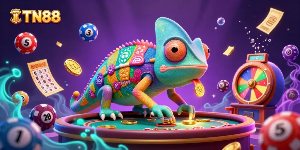 Experience thrilling gameplay at TN88's casino, featuring colorful lottery balls and dynamic casino elements.