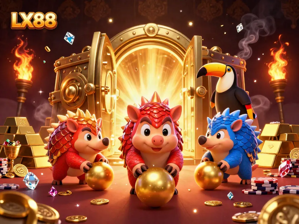 Rival pangolins showcasing gaming action in LX88 casino with golden treasure and vibrant details.