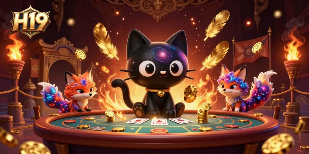 H19 casino scene featuring a black hole cat captivating players with golden chips and cosmic elements.
