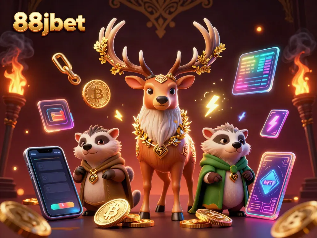 Engage in thrilling gameplay with 88jbet featuring a mystical scene of a stag and a badger surrounded by crypto elements.
