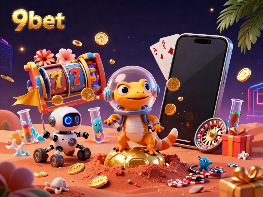Experience thrilling 9bet gaming adventure with a Martian gecko uncovering a golden casino amidst vibrant slot visuals.