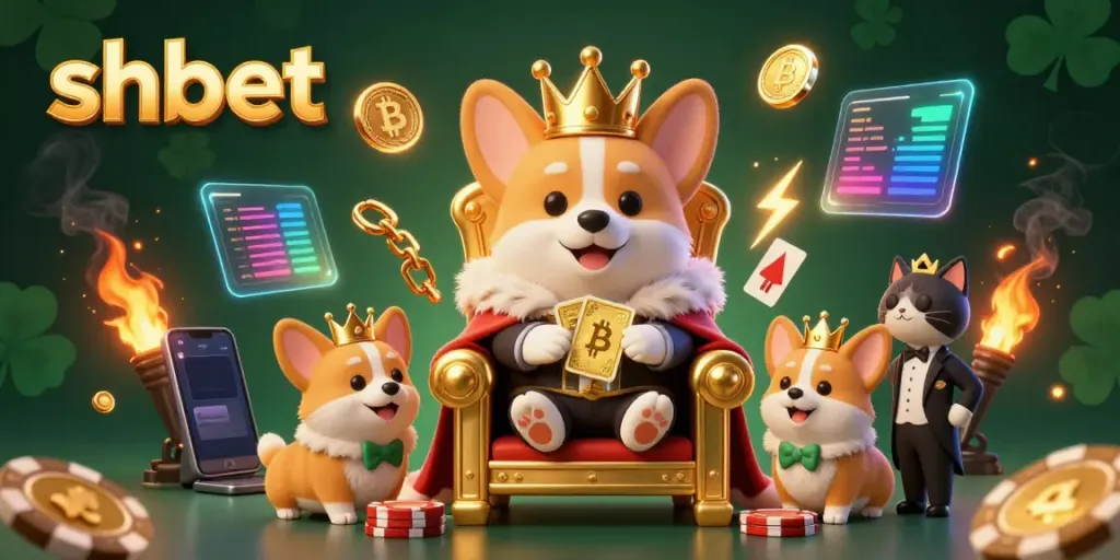 Experience the excitement of shbet with a royal corgi on a poker chip throne, presenting golden gaming elements.