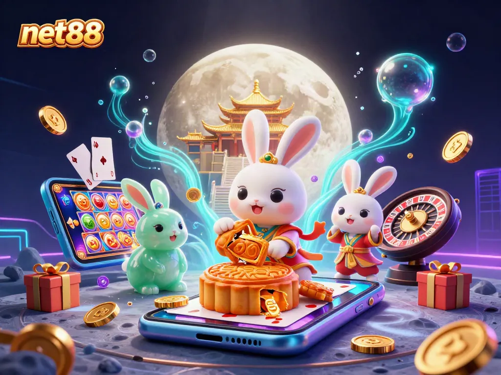 Experience the excitement of net88 with a vibrant 3D scene featuring games, glowing coins, and festive elements.