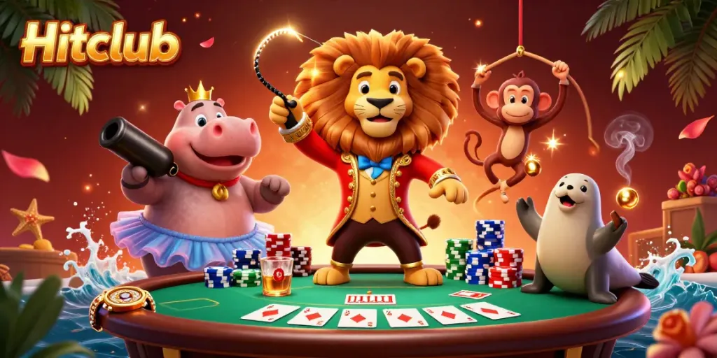 Hitclub players enjoy thrilling poker games with vibrant characters and exciting casino atmosphere.