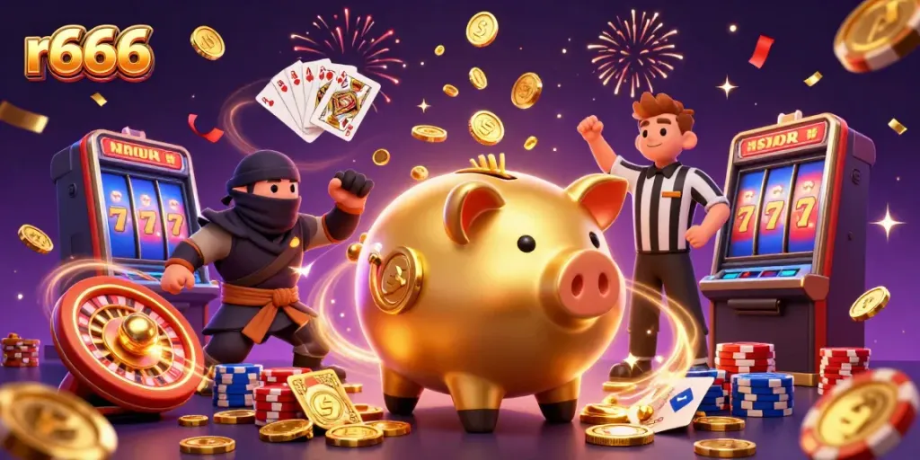 Join the r666 gaming action with dynamic characters and vibrant casino elements in this thrilling 3D scene.