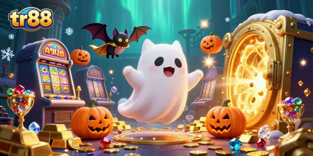 Spin to win with tr88 in a lively haunted casino scene surrounded by treasures.