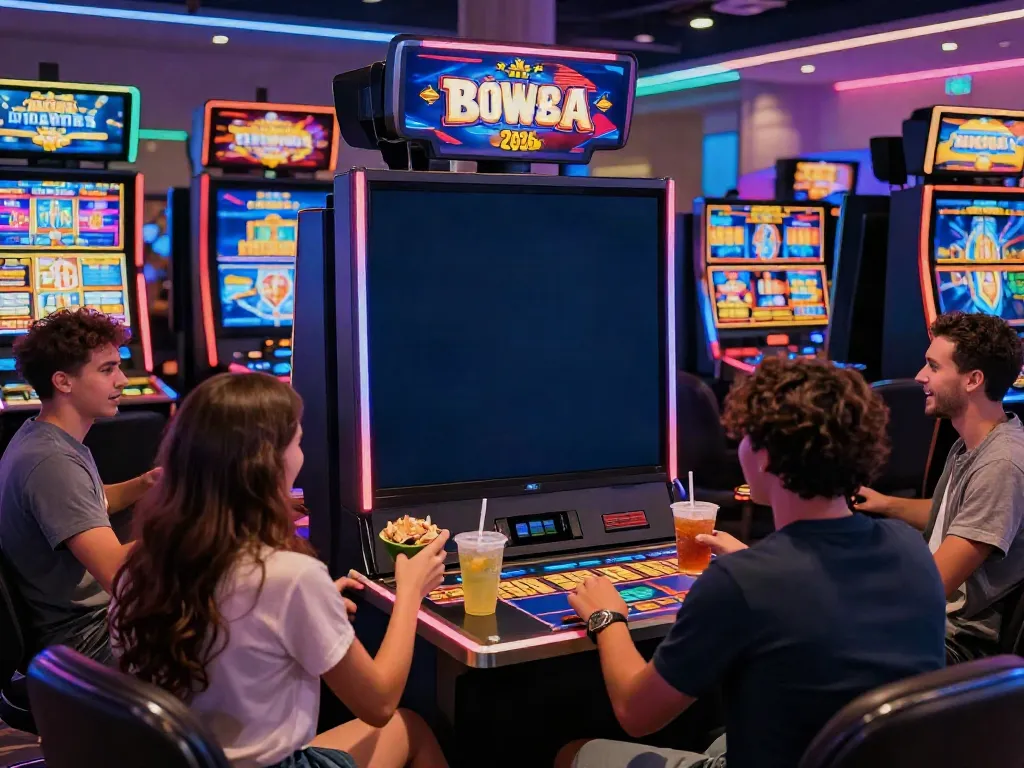 Exciting group playing slots online with vibrant graphics and snacks.