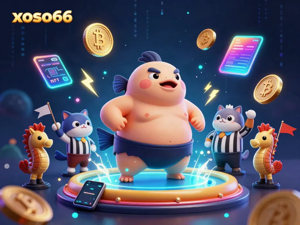 Engage with the exciting underwater scene showcasing xoso66 featuring a sumo fish and crypto coins.