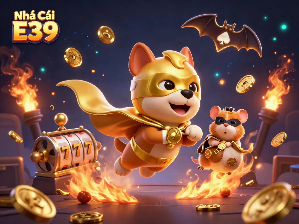 Engaging illustration of Nhà Cái E39 featuring a superhero dog and hamster in a casino environment, showcasing thrilling gambling elements.