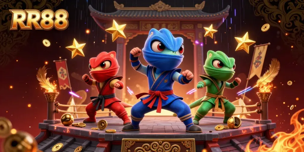 Experience the thrill of RR88 with ninja chameleons in action, surrounded by golden tokens and dramatic effects.