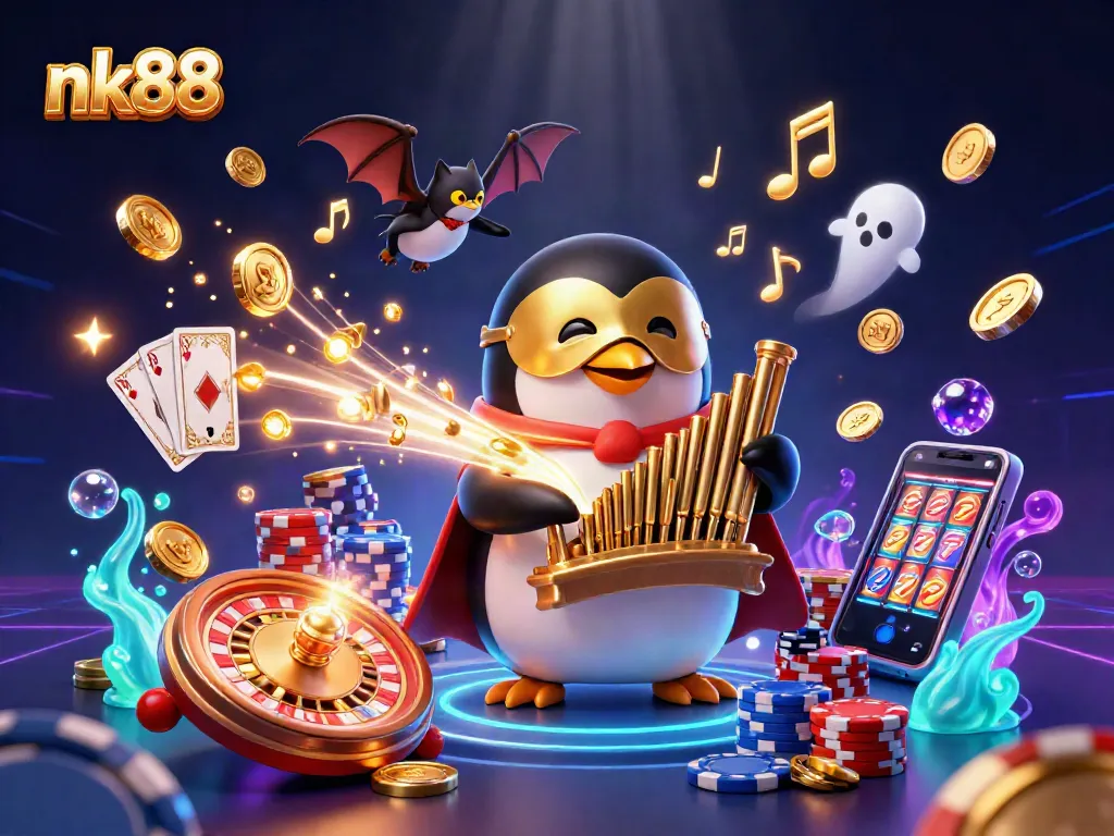 nk88 casino illustration featuring a penguin playing an organ with coins raining down and colorful games surrounding.