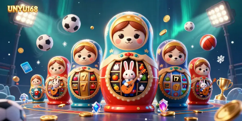 Permainan slot UNYU168 dengan karakter ceria dari boneka Matryoshka dan dealer kasino.