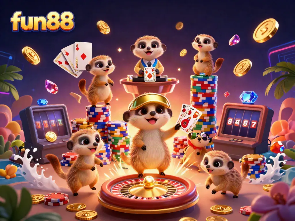 Experience fun88 excitement with playful meerkats running a vibrant casino scene filled with games and rewards.