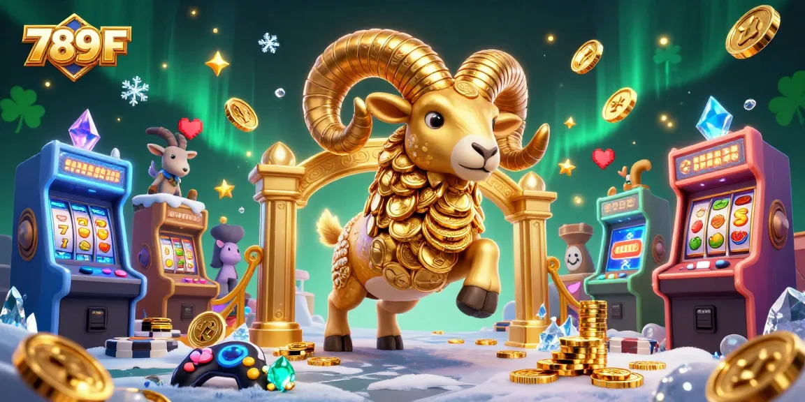 Engage with 789 F's vibrant casino experience featuring a dynamic golden ram charging amidst jackpot-themed elements.