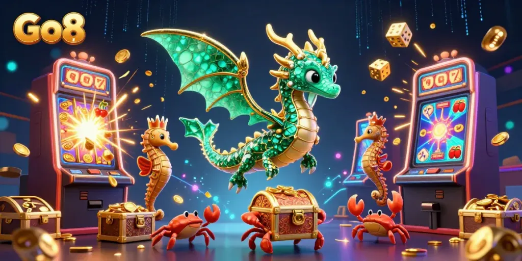 Engage with Go8's dynamic casino scene featuring vibrant slot machines and lucky charms.