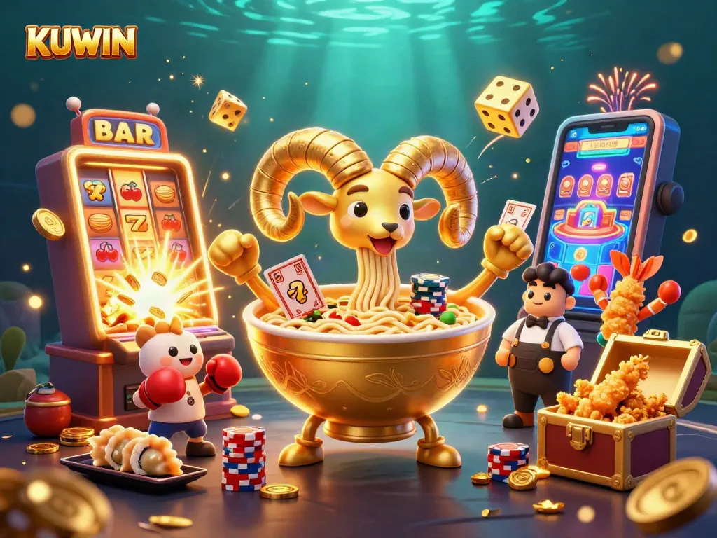 KUWIN showcases an exciting 3D casino scene filled with vibrant characters and jackpot elements, ideal for gamblers.