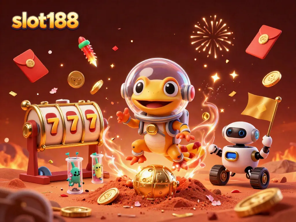 Akses mudah di slot188 dengan ilustrasi Martian gecko berpetualang di kasino emas.