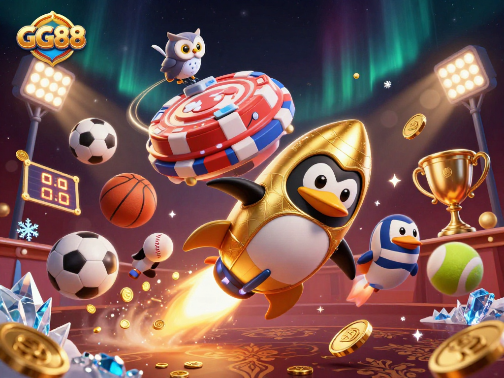 Bet on GG88 with a golden penguin racing towards a casino in this vibrant 3D illustration.