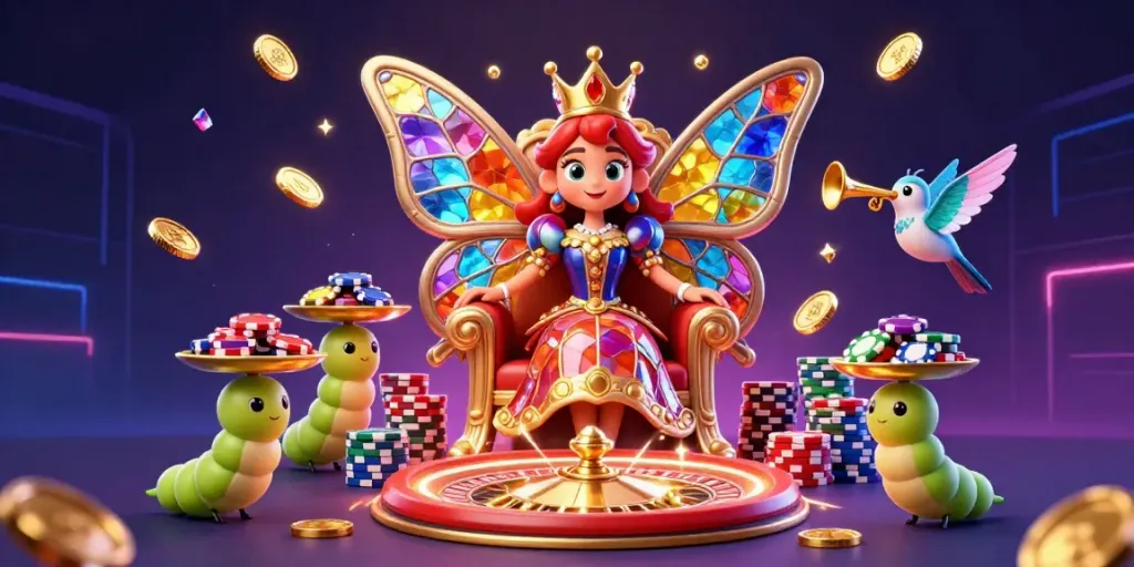 Kuwin's butterfly queen presides over a vibrant casino scene with roulette and poker chips.