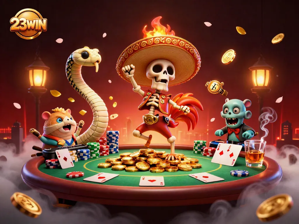 Experience the excitement with 23WIN's victory dance celebration surrounded by casino elements.