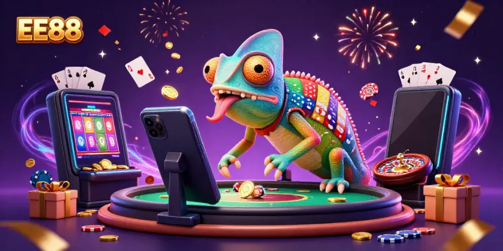 EE88 chameleon casino owner snatching golden coins in a festive casino environment