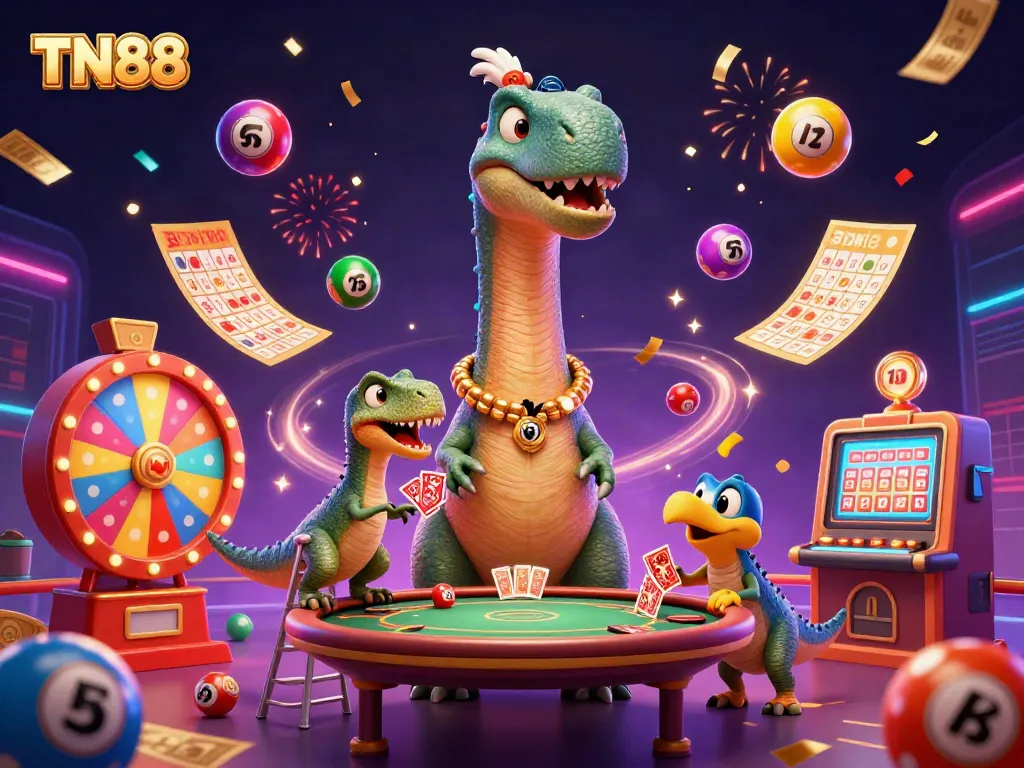 Experience the vibrant TN88 casino world with a playful brontosaurus and clever raptor at a poker table.
