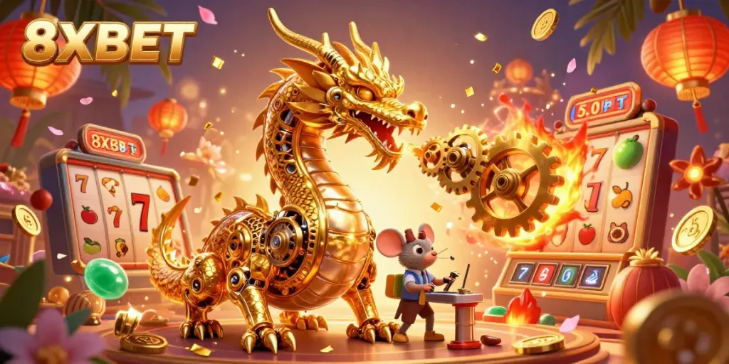 8XBET showcases a vibrant casino scene with a golden dragon and slot elements for engaging gaming.